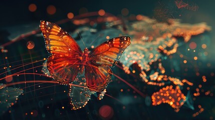 Wings of Change: Digital Butterfly on World Map, Symbolizing Successful Startup or Business Transformation