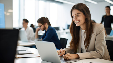 Happy woman working on a laptop in the office