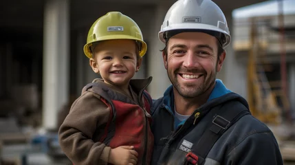 Foto op Canvas Father in a reflective vest and hardhat is smiling and looking at his child who is also wearing a mini hardhat, sharing a joyful moment together at a construction site. © MP Studio