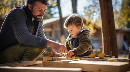 Father is teaching his young son how to use build something from wood. - obrazy, fototapety, plakaty