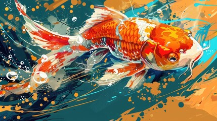 In a stunning abstract portrayal, a koi fish dances through a canvas alive with bursts of color, its graceful movements captured in dynamic splashes of paint.