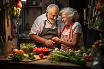 Joyful elderly couple preparing a meal together with fresh vegetables in a cozy kitchen