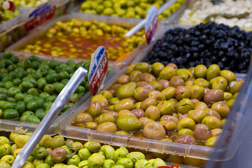 Bowls of olives for sale in the market