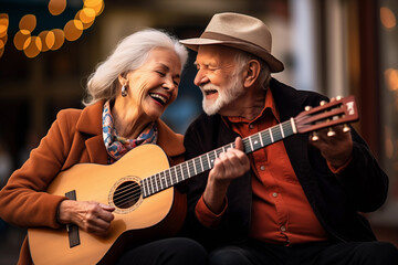 Joyful senior couple share a laugh while playing guitar on a cozy evening with warm lights - obrazy, fototapety, plakaty