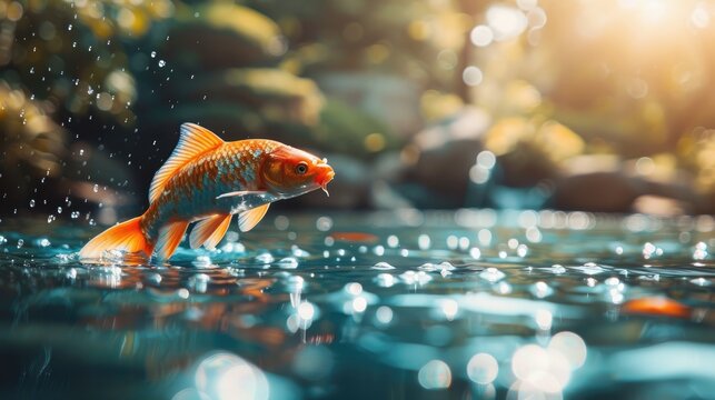 Bathed in sunlight, a radiant golden fish leaps gracefully above the shimmering surface of a tranquil pond, embraced by the beauty of nature.