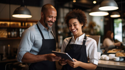 Cafe worker and manager smiling and engaging with each other while using a tablet