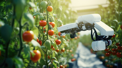 Robot with multiple articulating arms and sensors harvesting ripe tomatoes in a greenhouse. - obrazy, fototapety, plakaty