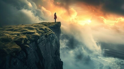 A solitary figure in a red coat stands at the edge of a daunting cliff, gazing into the distance. The cliff is rugged, with remnants of grass on its plateau, giving way to precipitous rock faces. Belo