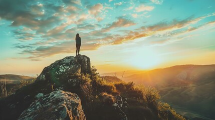 A person stands on the edge of a high rocky outcrop, gazing at the horizon during sunset. The sky is painted with hues of orange, blue, and yellow. Light from the setting sun streams through the cloud