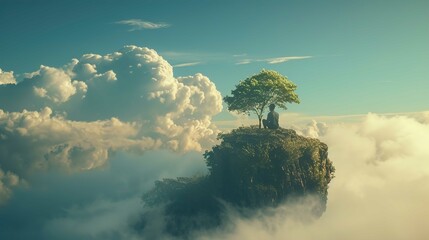 A solitary person sits cross-legged under a tree atop a floating island with rocky edges. The island appears to be levitating high above a sea of clouds, bathed in soft sunlight. The sky is filled wit - obrazy, fototapety, plakaty
