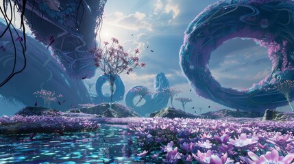 Create an immersive virtual reality environment that transports viewers to a dreamlike realm filled with fantastical landscapes, surreal creatures, and infinite possibilities. - obrazy, fototapety, plakaty