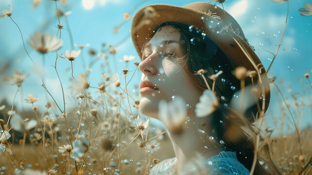 A young woman is amidst a field of delicate wildflowers. She is gazing off into the distance with a serene expression on her face. Wearing a wide-brimmed hat, bokeh effects scatter across the image, w