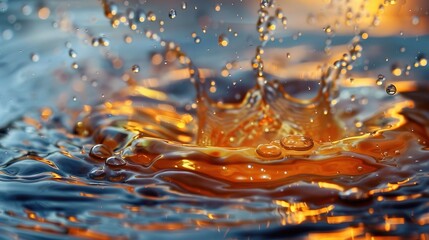 The image features a close-up view of water droplets creating a dynamic splash effect upon hitting...