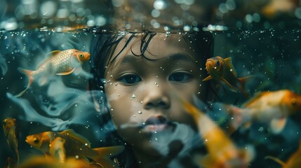 A young child is submerged in water up to the forehead. The child's face is serene and eyes are open, appearing calm and curious. Several orange goldfish swim around, with the closest fish being in sh