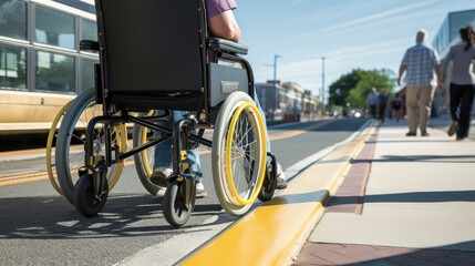 Person in a manual wheelchair waiting at a public transport stop, highlighting urban accessibility and the integration of disability-friendly features in public transportation.