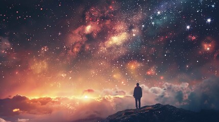 The image depicts a lone individual standing on a rocky outcrop, gazing up at a vast, star-filled night sky that is dominated by deep nebulas, sprinklings of stars, and various hues ranging from dark 