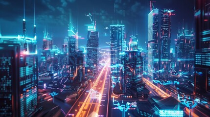 Depict a futuristic cityscape where digital technologies are seamlessly integrated into every aspect of life, from smart buildings and self-driving cars to drones delivering goods.