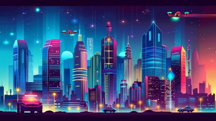 Depict a futuristic cityscape where digital technologies are seamlessly integrated into every aspect of life, from smart buildings and self-driving cars to drones delivering goods.