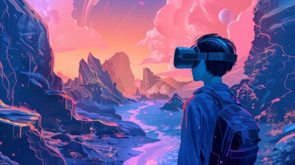 Illustrate people immersed in virtual reality worlds, portraying the contrast between their mundane surroundings and the fantastical landscapes they experience in VR.