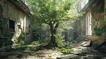 Show nature reclaiming urban environments, with trees bursting through concrete and wildlife thriving in abandoned buildings. 