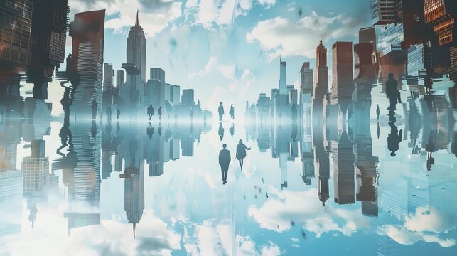 Show two parallel universes merging or colliding, with mirrored versions of landmarks and people interacting across the divide.