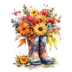 Bouquet of flowers  in wellingtons for a festive card, greeting card, invitation, leaflet. Drawn watercolor illustration isolated on white background