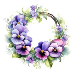 Floral frame with blooming spring flowers. Nice arrangement with pansies bouquets. Place for text.  drawn watercolor illustration on white background for wedding invitations, banner, card.