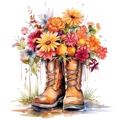 Bouquet of flowers  in wellingtons for a festive card, greeting card, invitation, leaflet. Drawn watercolor illustration isolated on white background