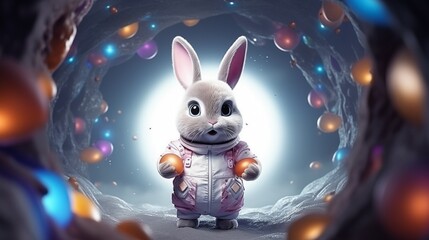 Astronaut rabbit hunts for Easter eggs