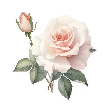 Watercolor composition from white cream roses and green leaves. illustration isolated white background. Element  natural plant twigs with light pink rose for design