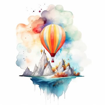 Watercolour illustration. Travel around the world by hot air balloon. Children's poster. Cute landscape..