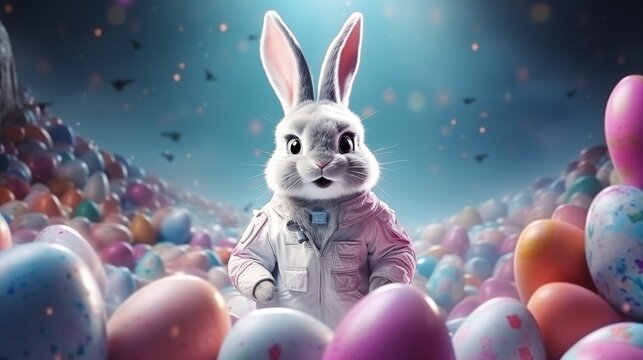 Astronaut rabbit hunts for Easter eggs