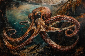 Naklejka premium A surrealistic painting of a colossal squid lurking in the depths, its massive tentacles coiled around a sunken shipwreck in a scene of eerie beauty