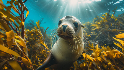 A seal is peeking through a forest of kelp under the bright rays of the sun underwater