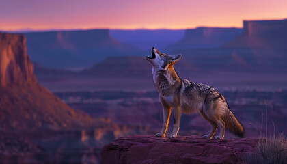 Atop a desert cliff, a coyote howls into the twilight sky, shades of purple and pink by the setting sun - obrazy, fototapety, plakaty