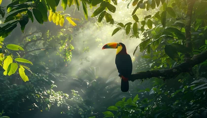 Zelfklevend Fotobehang A colorful toucan sits on a branch surrounded by the lush greenery of a misty rainforest © Seasonal Wilderness