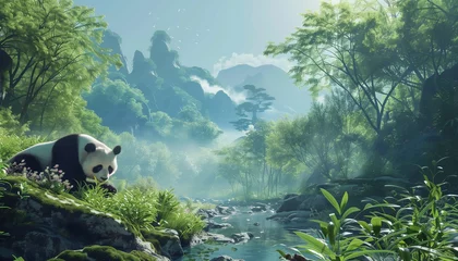  A panda relaxes by a gentle river, surrounded by the lush greenery of a sunlit forest © Seasonal Wilderness