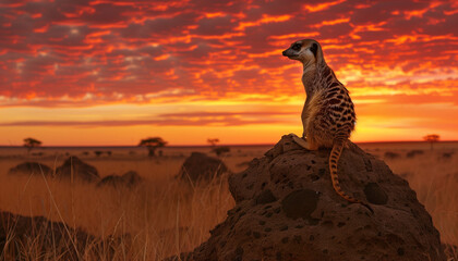 A meerkat stands atop a termite mound as the sky blazes with orange and red hues of the setting sun in the savannah