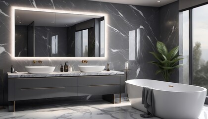 sleek grey marble bathroom with LED lighting, double vanity, and freestanding tub. Generative AI - obrazy, fototapety, plakaty