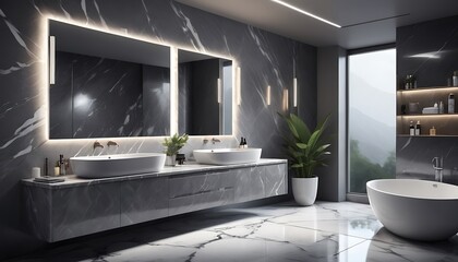 Sleek grey marble bathroom with LED lighting, double vanity, and freestanding bathtub. Generative AI
