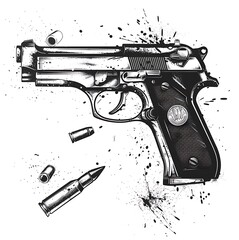 Automatic & semi auto Handgun pistol black white tattoo design vector illustration. Copy space. Isolated flat icon silhouette on white background. Generative AI