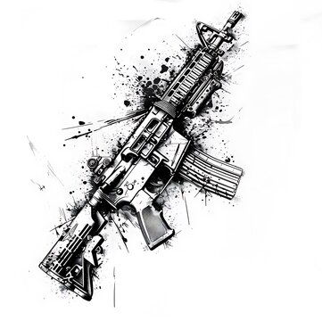 M416 assault rifle gun black & white tattoo texture design vector illustration. weapon graphics art illustration. Copy space. No text. Military Weapon art isolated on white background. Generative AI