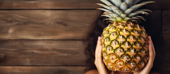 A close-up portrait of a happy, dreamy girl smiling at the camera as she covers one side of her face with a pineapple, illuminated by sunlight against a wooden wall backdrop.