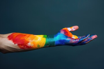 A hand with colorful paint on it is being held up. International Day Against Homophobia, Transphobia and Biphobia. Scene is one of creativity and self-expression