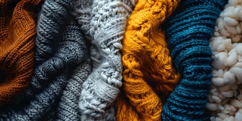 Different Wool Textures Comparing Types and Colors. Concept Merino Wool, Cashmere Fabric, Acrylic Yarn, Alpaca Fiber, Mohair Blend - obrazy, fototapety, plakaty