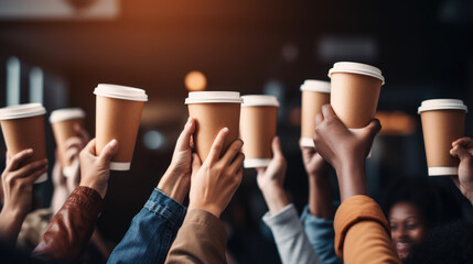 Multiple hands of diverse skin tones are raised, each holding a brown takeaway coffee cup, creating a sense of unity and diversity.