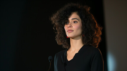 Fototapeta premium Woman with thick curly hair stands on the stage as a speaker, ai generative