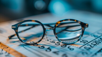 Close-up view of eye test glasses lying on a Snellen chart - obrazy, fototapety, plakaty
