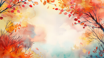 Abstract autumn watercolor art. Bright warm colors, fall leaves, trees, sky, clouds. Frame, background for text