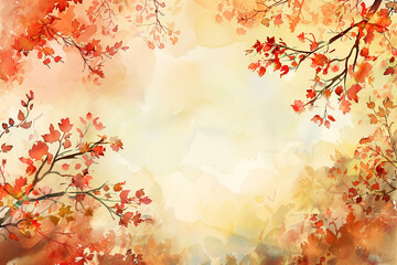 Abstract autumn watercolor art. Bright warm colors, fall leaves, trees, sky, clouds. Frame, background for text